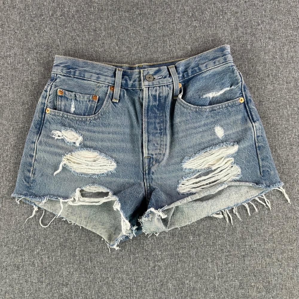 Levis Shorts Womens 26 501 Original Short Blue Distressed Denim Raw Hem